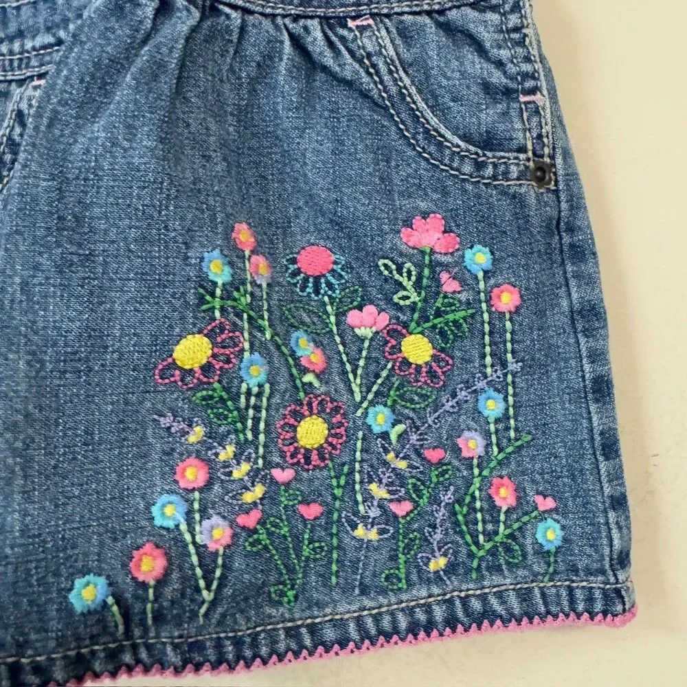 Osh Kosh Denim Jean Overall Dress Girls 12 Months Blue Floral Embroidery Summer